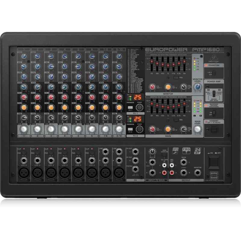 BEHRINGER ベリンガー PMP1680S パワードミキサー超小型でラックマウント可能な2 x 800 ワットステレオパワードミキサー(1600 Wブリッジモード)軽量でハイパワー。優れた音質のD級アンプを搭載従来のパワードミキサーの半分近くの奥行きと重さの超コンパクトデザイン10チャンネルのミキサーセクションには6つのモノチャンネルと2つのステレオチャンネルと別々のCD /テープ入出力が装備されていますリバーブ、コーラス、フランジャー、ディレイ、ピッチシフター、各種マルチエフェクトを含む100種類の素晴らしいプリセットを搭載した2スタジオグレード、24ビットステレオFXプロセッサー