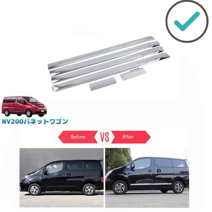 【商品説明】 車種専用設計！他車と差別化したい方にオススメのアイテムです。ノーマルから効果的にインパクト演出。汚れと傷防止機能付きで楽になれます♪♪ 【適合情報】 NV200バネットワゴン (2009(平成21)年5月FMC後~) 全グレード対応 【商品内容】 商品数量：6P カラー：メッキ仕上げ 素材：ABS 取付方法：両面テープ取付