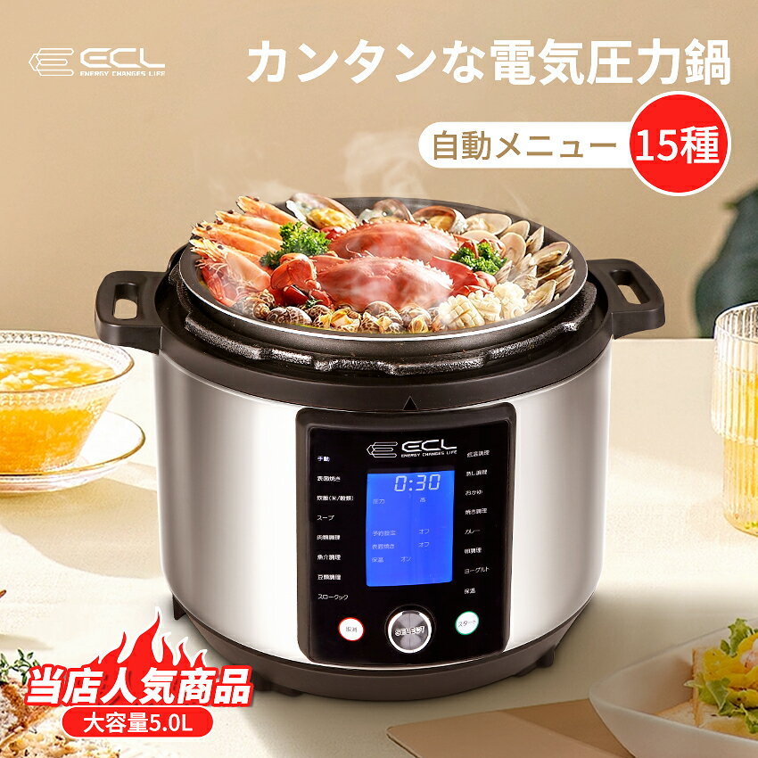 電気圧力鍋 5L 炊飯器 圧力鍋 電気 鍋 電気炊飯器 エモ版レシピ 一台15役 予約タイマー 簡単 手軽 時短 保温 使いやすい 蒸し料理／低温調理／スロークック／焼き調理 7つ保護機能 調理家電 キッチン家電 一年保証