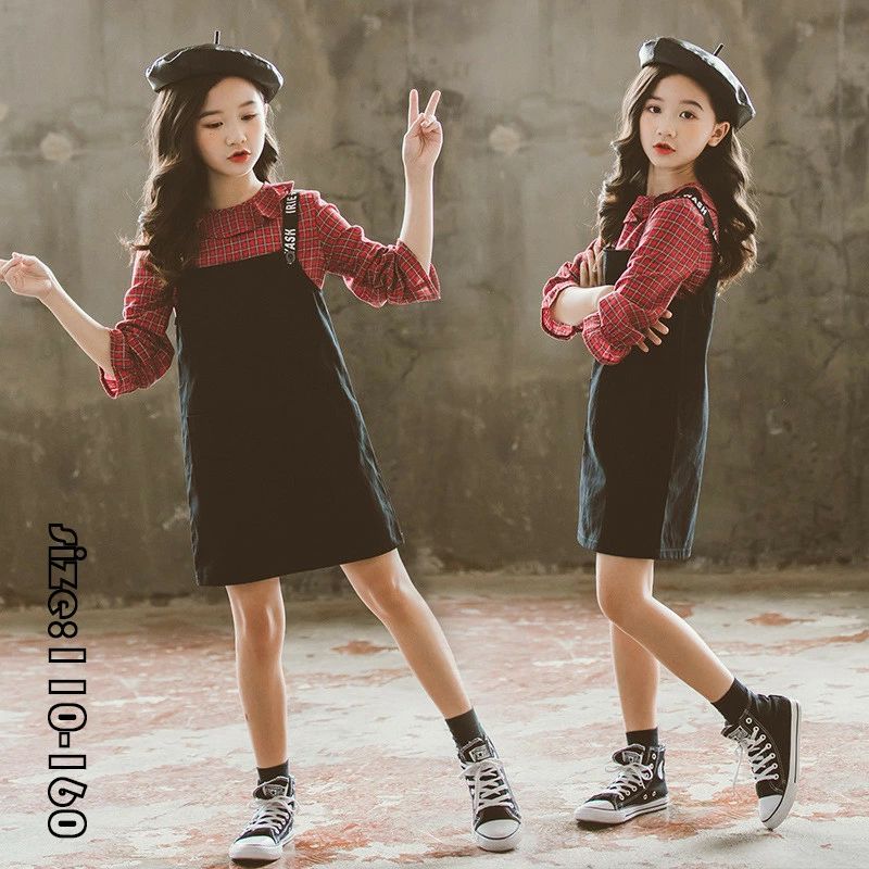 【オープン記念！30%OFFクーポン】子供服 2点セット 春秋 カジュアル ナチュラル チェック柄 長袖 プリント セットアップ 女の子 可愛い きれいめ //卒園式/入学式/パーティ チェックシャツ サロペットスカート