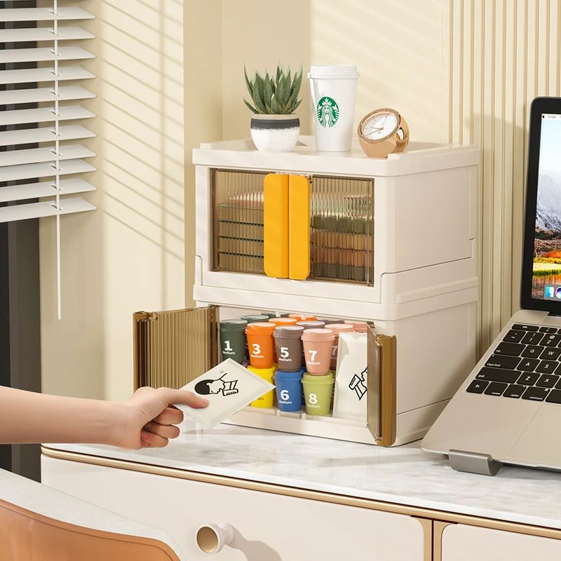 両開き扉収納ボックス 大容量 化粧品収納 オフィスデスク収納ボックス 化粧品収納ボックス 卓上収納 多..