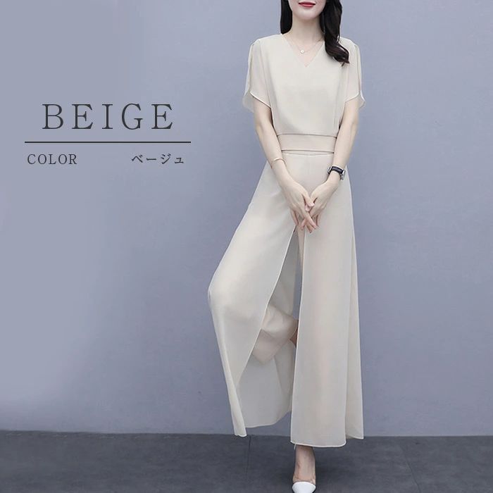 【数量限定！30%OFFクーポン】パンツドレス セットアップ レディース 夏 ブラウス 体型カバー 無地 シンプル クルーネック 結婚式 パーティー 二次会 お呼ばれ フォーマル 20代 30代 40代 黒色 ブラック パーティードレス フリル袖 半袖 シフォン 春