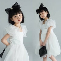 【数量限定！30%OFFクーポン】子供 ドレス 半袖 パフスリーブ ピアノ 発表会 子供服 可愛い ふわふわ チュール プリンセス 姫系 お姫様 フォーマル 白 黒ワンピース ワンピース キッズ ボリュームスリーブ お出かけ 子供ワンピース 女の子 韓国
