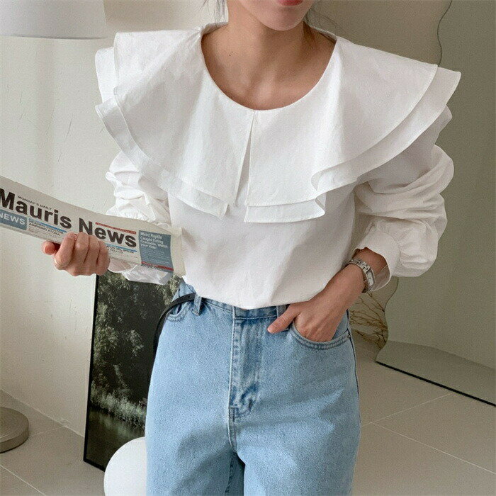 【数量限定！30%OFFクーポン】シャツ ブラウス レディース 長袖 シャツブラウス 春 襟付き 丸襟 フリル襟 大人 可愛い 体型カバー ゆったり カジュアル ナチュラル シンプル ビジネス 通勤 OL 無地 大きいサイズ 通学 デート 夏 秋 プルオーバー トップス