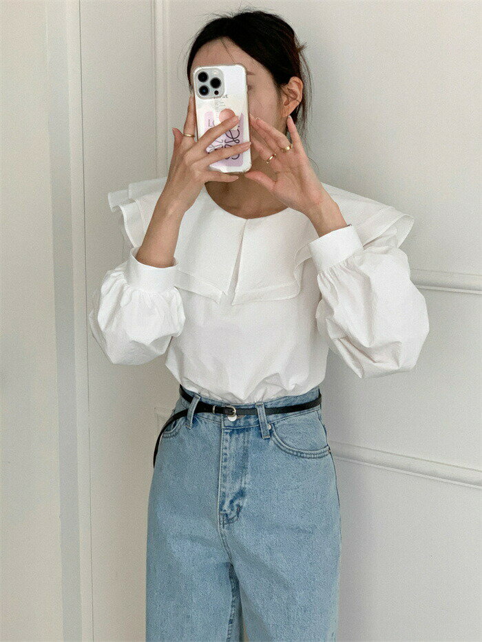 【数量限定！30%OFFクーポン】シャツ ブラウス レディース 長袖 シャツブラウス 春 襟付き 丸襟 フリル襟 大人 可愛い 体型カバー ゆったり カジュアル ナチュラル シンプル ビジネス 通勤 OL 無地 大きいサイズ 通学 デート 夏 秋 プルオーバー トップス