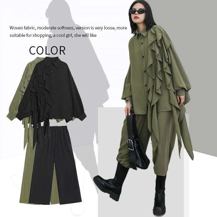 セットアップ レディース 春 秋 レディース きれいめ グリーン ブラック 個性デザイン ブラウス ワイドパンツ 2点セット ゆったり 上品 おしゃれ 大きサイズ ストリート アシメントリー母の日 セットアップ 秋 冬 フリーサイズ