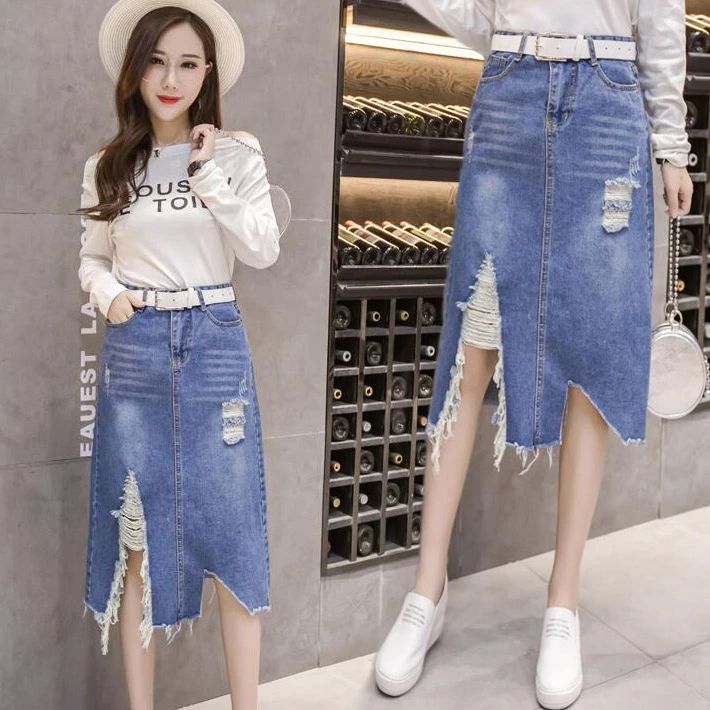 【オープン記念！30%OFFクーポン】ダメージデニムスカート　 ダメージスカート　膝丈　ミディアム　ロングスカート　細身 美脚　デニム 大きいサイズ レディース S　M L 2L 3L デニムスカート　Aライン　ダメージ加工　スカート