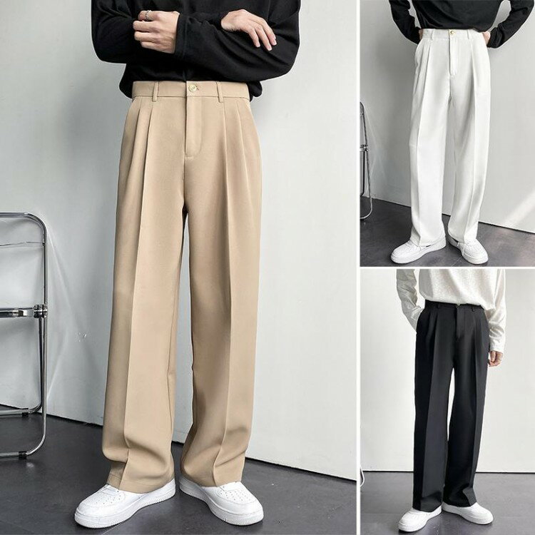 【クーポン利用で10%OFF】スラックス メンズ 夏用 男性用 ワイド パンツ 薄手 カジュアル ゆったり ストレート レッグ 冷感 ミディアム ローウエスト フ ロング 伸縮性 ドレープ フロア レングス 高級感