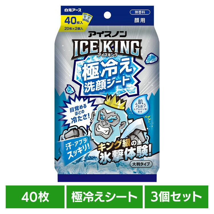Rakuten - 【3個セット】 汗拭きシート 顔 アイスノン ICE KING 極冷え洗顔シート 20枚×2個入 無香料 顔用 厚手 大判 保湿成分 ヒアルロン酸配合 クール成分 メントール配合 汗 ベタつき スッキリ ひんやり メンズ レディース 白元アース *