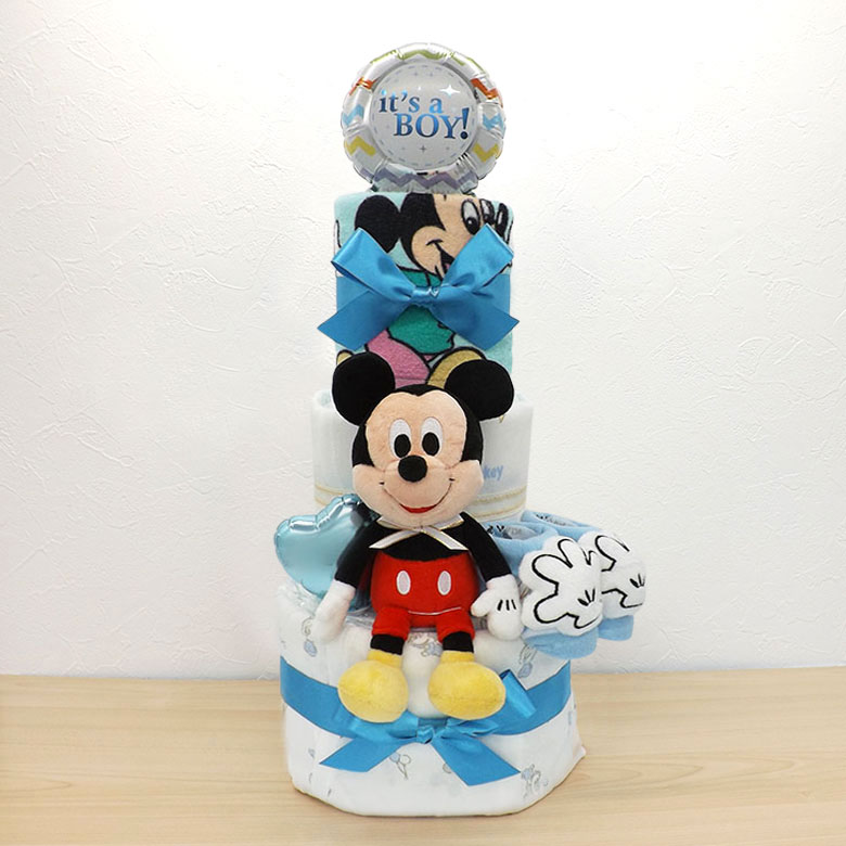 おむつケーキ ディズニー ミッキーマウス 肌着セット ぬいぐるみ タオル 3段 出産...