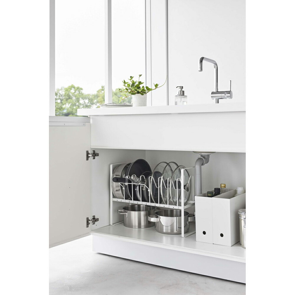 【送料無料】シンク下高さ調整鍋蓋＆フライパン収納ラック 2段 タワー 山崎実業 山実 デッドスペース 有効 活用 すっきり きれい 仕切り 整理 シンプル 白 おしゃれ キッチン 5593 5594