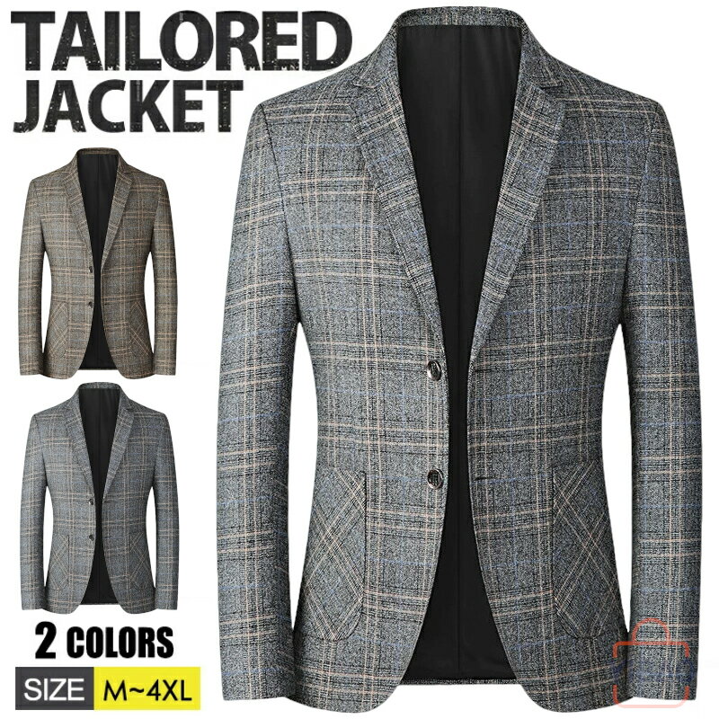 Rakuten - テーラードジャケット メンズ ブレザー チェック ジャケット 春 春服 スーツジャケット スリム アウター ジャケット 通勤 秋服 秋冬 オフィス ビジネス 2つボタン ゴルフウェア ショート丈 メンズジャケット 30代 40代 50代 ファッション フォーマル 結婚式