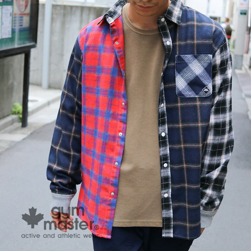 乐天商城 - gym master　【ジムマスター】　クレイジー袖リブ切り替えチェックシャツ　G357614