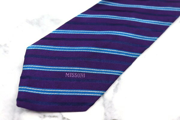 ミッソーニ MISSONI ストライプ柄 パープル シルク ブランド ネクタイ 送料無料 【中古】【美品】