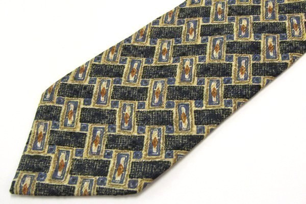 レノマ 幾何柄 イタリア製 シルク100％ メンズ ネクタイ ネイビー 送料無料 【中古】【美品】