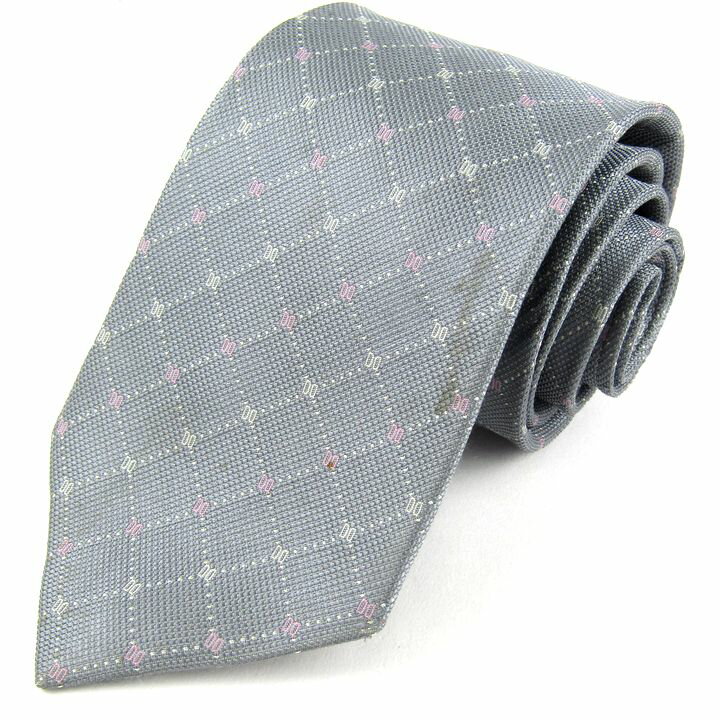 其它 - 【39％OFFクーポン配布中】DAKS ダックス ブランドネクタイ 格子柄 ロゴグラム柄 シルク 日本製 メンズ グレー 【中古】