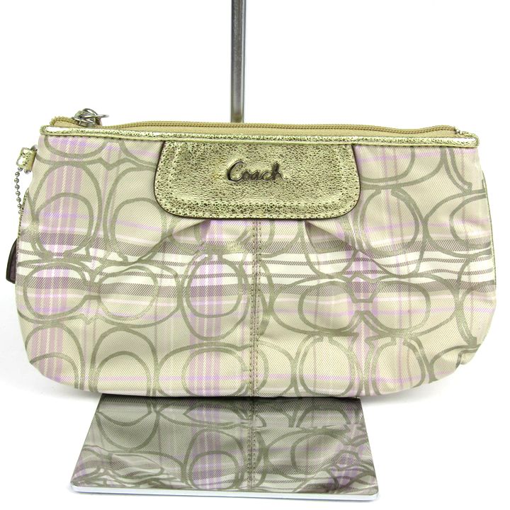 COACH コーチ リストレットポーチ シグネチャー タータンチェック ハート ブランド 鞄 カバン レディース ベージュ 【中古】