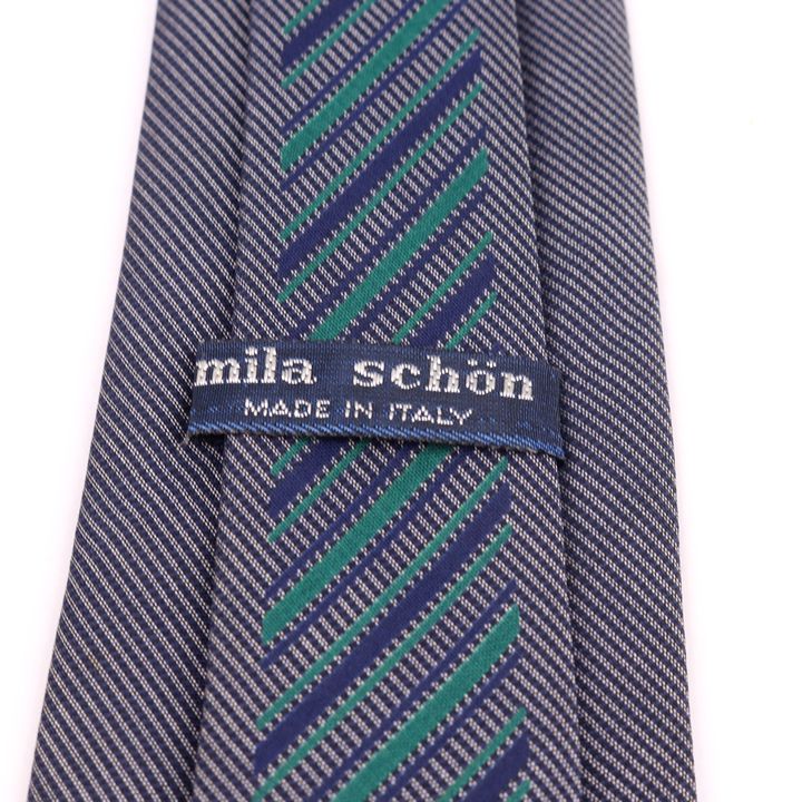 ミラショーン ブランドネクタイ ストライプ柄 ロゴマーク シルク イタリア製 メンズ ネイビー mila schon 【中古】
