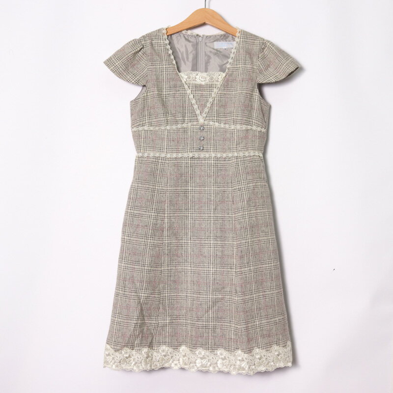 KUMIKYOKU 組曲 半袖ワンピース フレンチ袖 チェック柄 レース キッズ 女の子用 TMサイズ ベージュ 【..