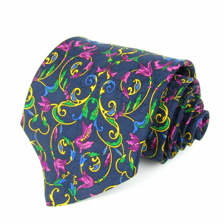 Christian Dior クリスチャンディオール ブランドネクタイ ワイドタイ 総柄 植物柄 シルク イタリア製 メンズ ネイビー 【中古】