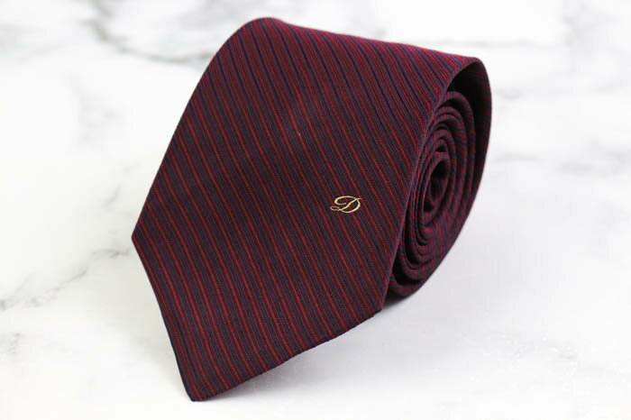 S.T. Dupont エスティーデュポン ブランド ネクタイ ロゴ ストライプ柄 シルク PO メンズ ワインレッド 【中古】