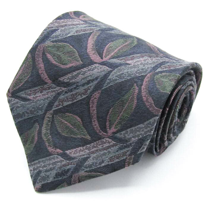 レノマ ブランド ネクタイ ストライプ柄 リーフ柄 シルク PO メンズ ネイビー renoma 【中古】