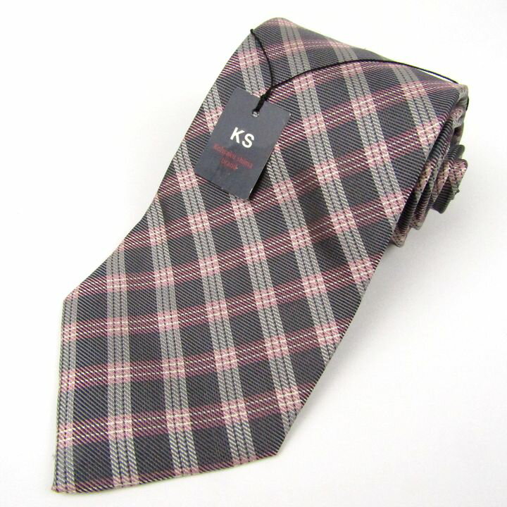 コウサクシマ ネクタイ ブランド チェック柄 シルク ハンドメイド 未使用品 メンズ グレー KS KOHSAKU SHIMA 【中古】