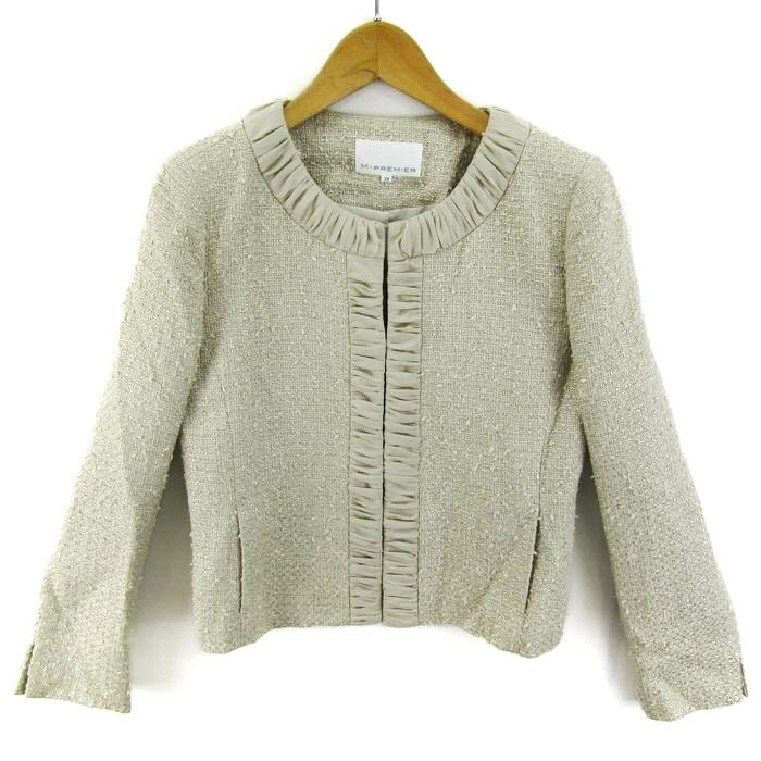 M-premier エムプルミエ ノーカラーツイードジャケット アウター レディース 38サイズ ベージュ 【中古】