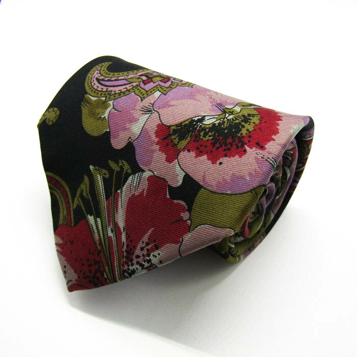 Enrico Coveri エンリコ・コベリ ブランド ネクタイ 総柄 ペイズリー 花柄 リーフ柄 シルク イタリア製 PO メンズ ブラック 【中古】