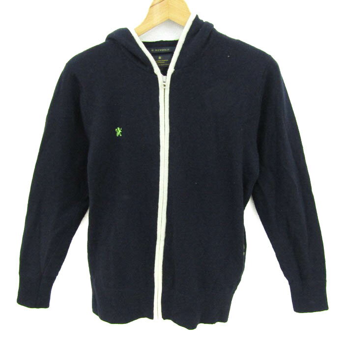 アールニューボールド ジップアップパーカー ニット ウール混 アウター レディース Lサイズ 紺 R.NEWBOLD 【中古】