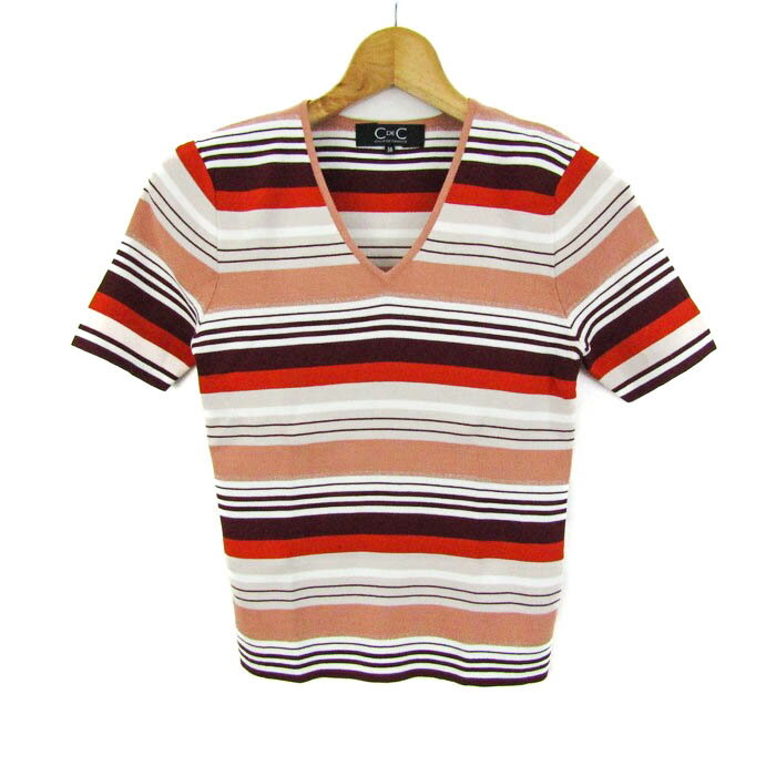 クード・シャンス ニット トップス 半袖 Vネック ボーダー柄 レディース 38サイズ 白×紫 COUP DE CHANCE 【中古】