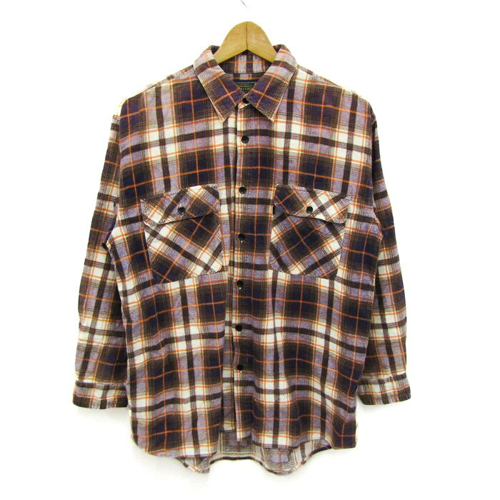 ベイリーフ 長袖シャツ トップス フランネルシャツ チェック柄 メンズ Mサイズ 茶×オレンジ BAYLEAF 【中古】