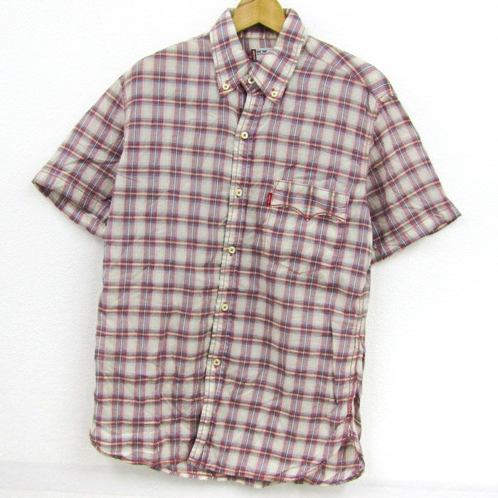 Levi's リーバイス 半袖シャツ トップス チェック柄 ボタンダウン コットン メンズ Lサイズ ベージュ×赤×青 【中古】