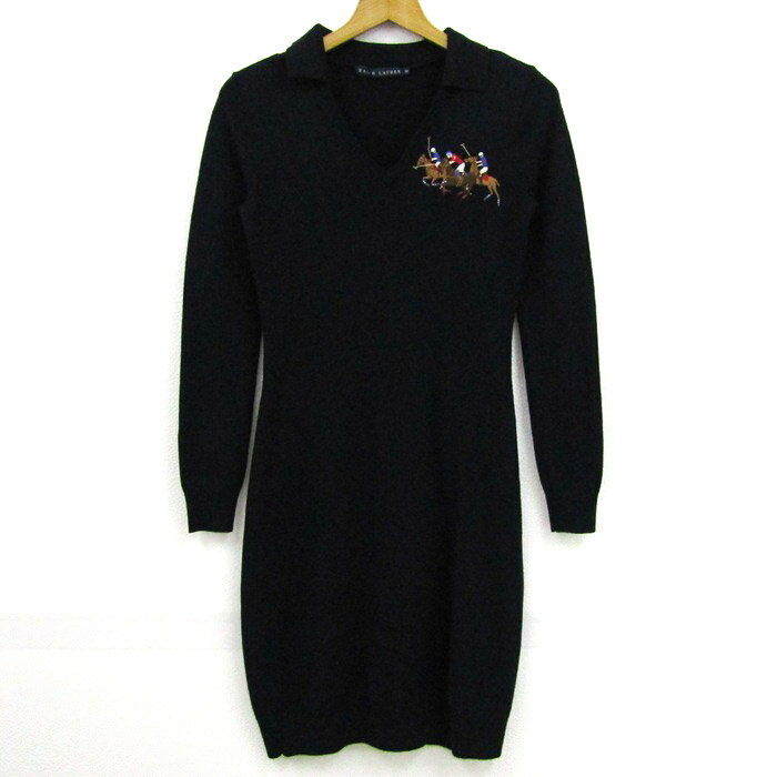 ラルフローレン ニットワンピース 長袖 ウール100% ブランド トップス レディース Mサイズ ネイビー RALPH LAUREN 【中古】