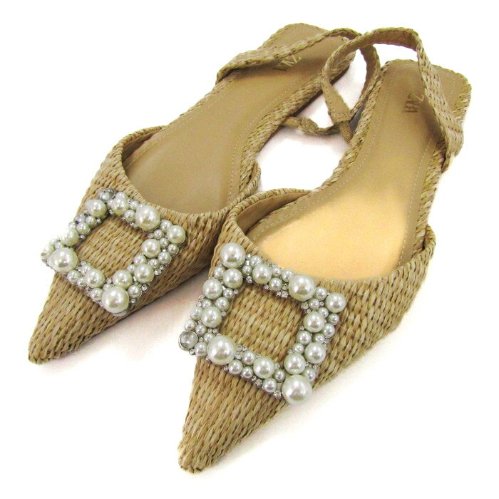 【楽天スーパーSALE 50％OFF 9月4日20:00〜9月11日01:59まで】ザラ パールビジュー パンプス バックストラップ フラット 靴 レディース 39サイズ ブラウン系 ZARA 【中古】