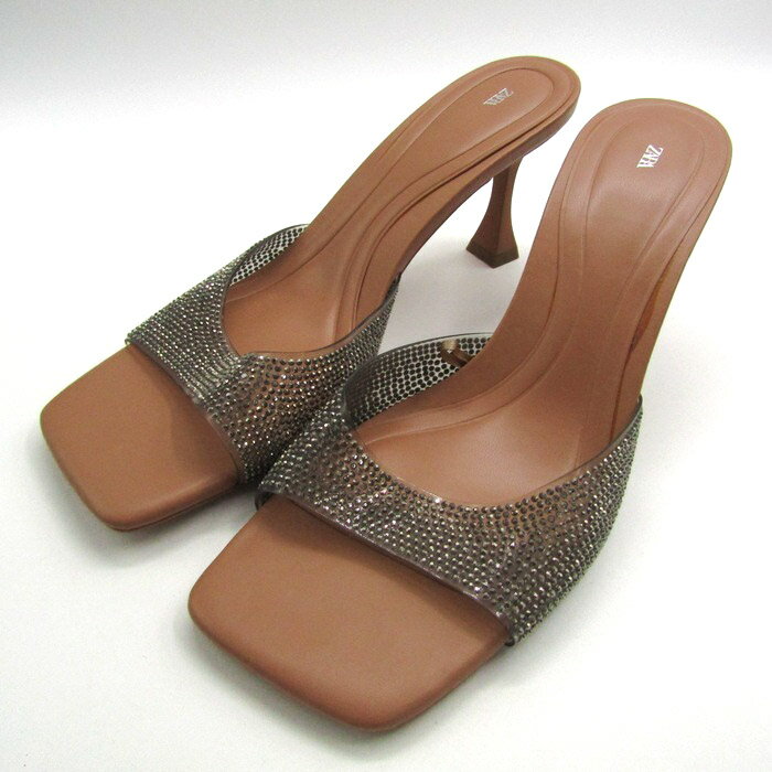 ザラ サンダル ラインストーン クリア ミュール ヒール 靴 レディース 38サイズ シルバー/ベージュ ZARA 【中古】