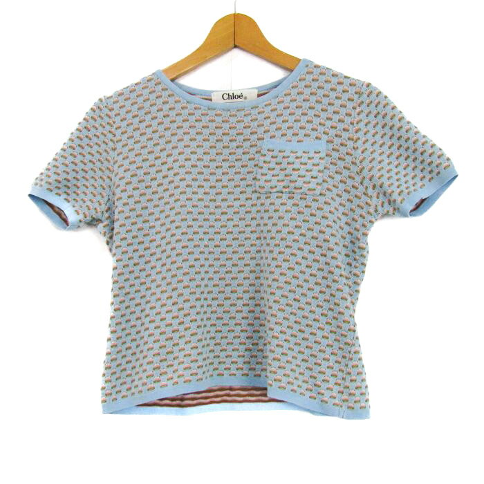 Chloe クロエ ニット トップス 半袖 総柄 胸ポケット レディース 40サイズ 水色 【中古】