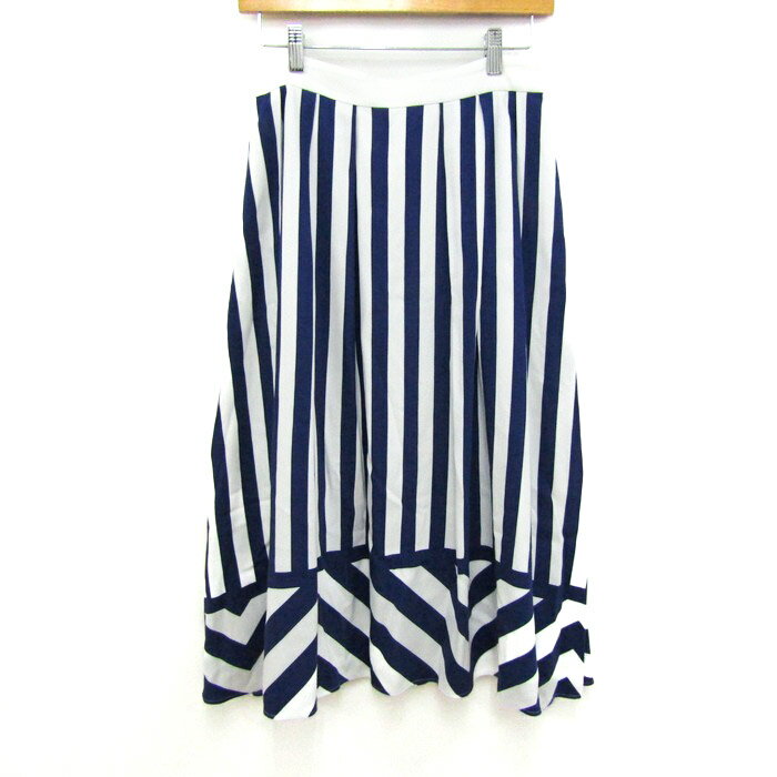 【全品39％OFFクーポン配布中】DAMA collection ダーマコレクション フレアスカート ボトムス ミディ丈 ストライプ柄 未使用品 レディース 67-93サイズ 白×青 【中古】