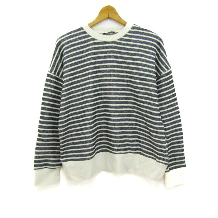 ZARA ザラ スウェット トレーナー トップス ボーダー柄 裏起毛 レディース Lサイズ グレー 【中古】