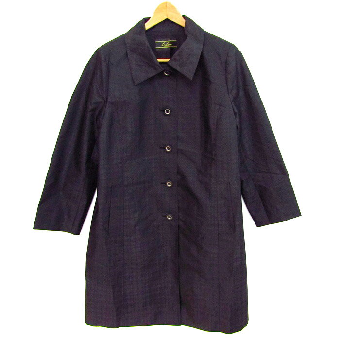 Leilian レリアン ステンカラーコート アウター シルク混 日本製 大きいサイズ レディース 13+サイズ ブラック 【中古】