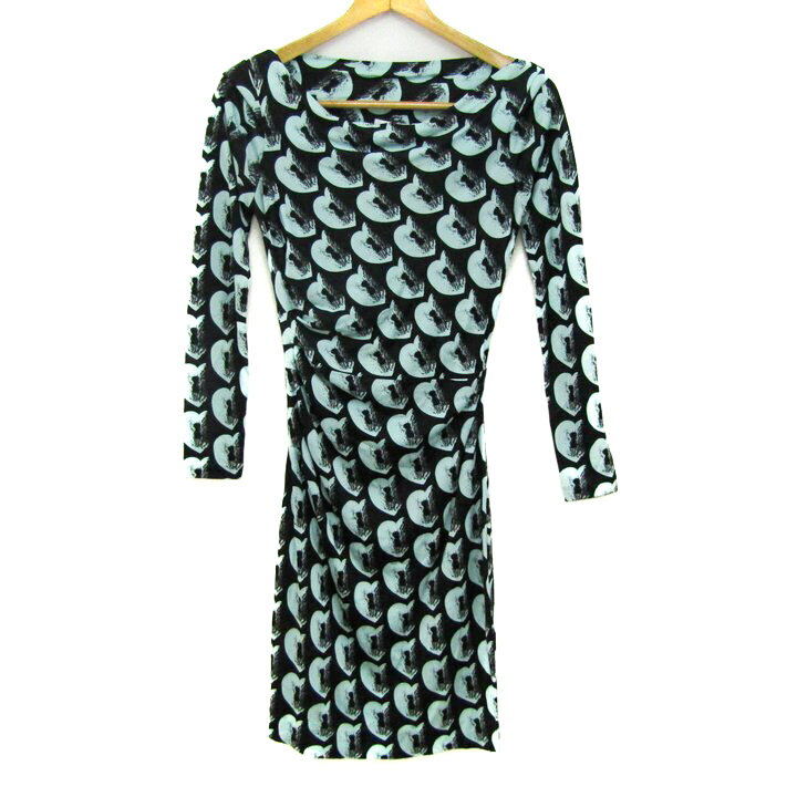 DIANE VON FURSTENBERG ダイアンフォンファステンバーグ ワンピース トップス 長袖 総柄 レディース 2サイズ 黒×ミント 