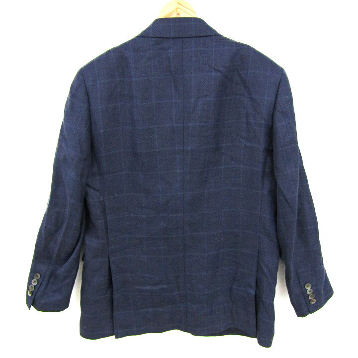 trojan トロージャン テーラードジャケット アウター チェック柄 リネン イタリア製生地使用 日本製 メンズ R46サイズ ネイビー 【中古】