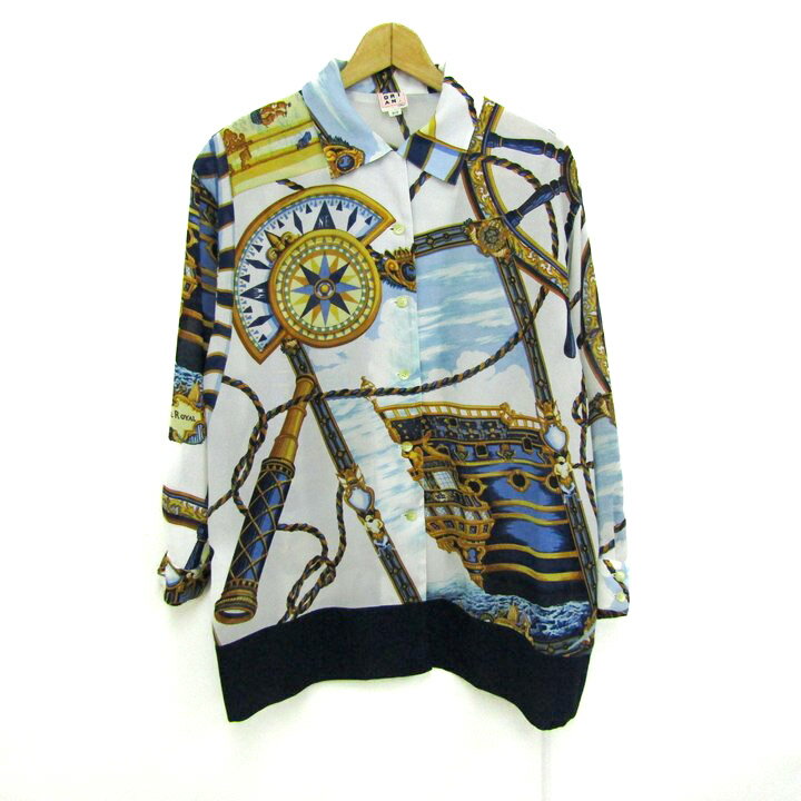 MOMDRIAN. モンドリアン 長袖シャツ 総柄 トップス レディース フリーサイズ ブルー×ブラウン 【中古】