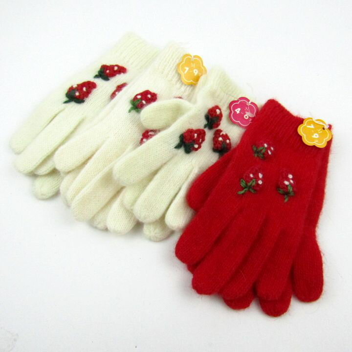 glove 手袋 4点セット 未使用 日本製 イチゴ柄 レッド ホワイト ウール混 グローブ まとめて 子供用 キッズ 女の子用 【中古】