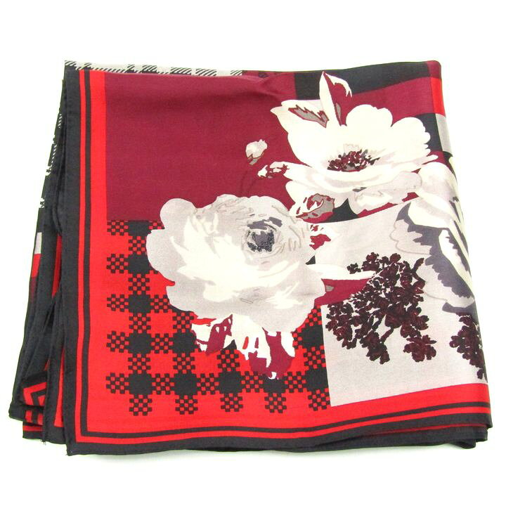MAX STUDIO マックススタジオ スカーフ ブランド チェック柄 花柄 未使用 シルク レディース レッド×ブラック 【中古】