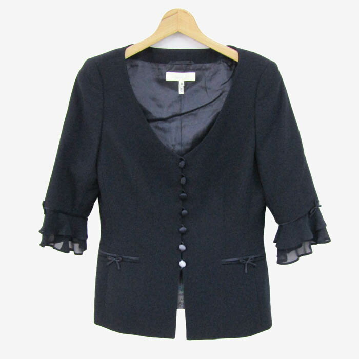 ESCADA エスカーダ ノーカラージャケット アウター 七分袖 フリル レディース 36サイズ 濃紺 【中古】