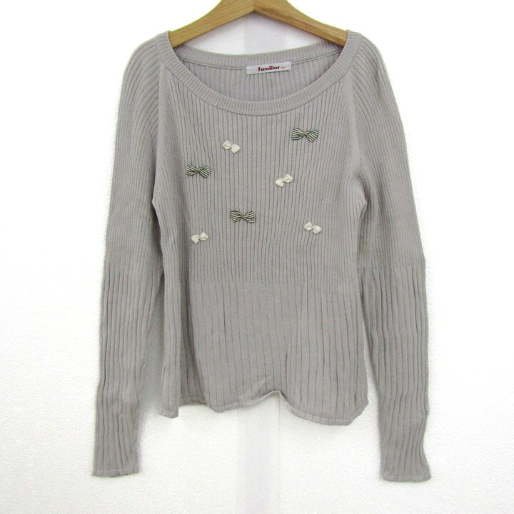 Familiar ファミリア ニット トップス 長袖 リブ リボン コットン キッズ 女の子用 150サイズ ベージュ 【中古】