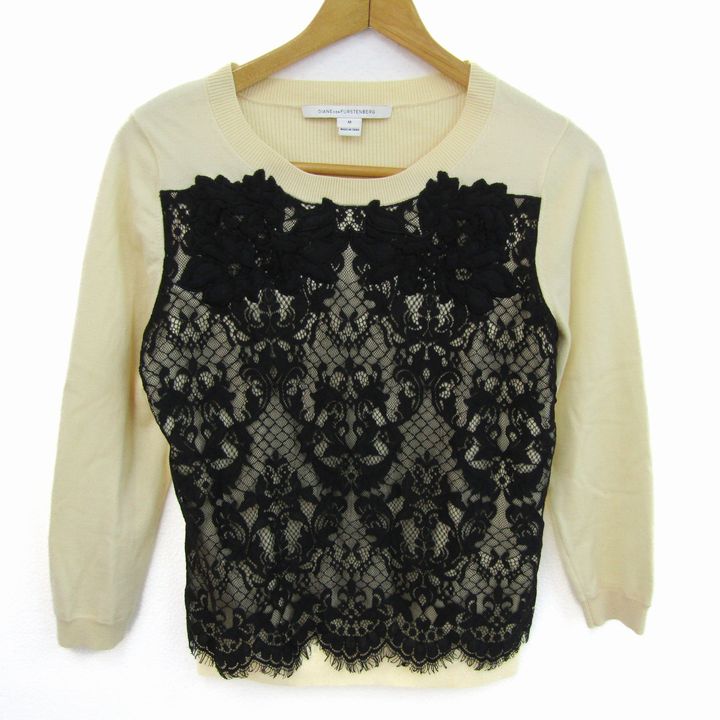 Rakuten - DIANE VON FURSTENBERG ダイアンフォンファステンバーグ ニット トップス 長袖 レース セーター レディース Mサイズ 黒×ベージュ 【中古】