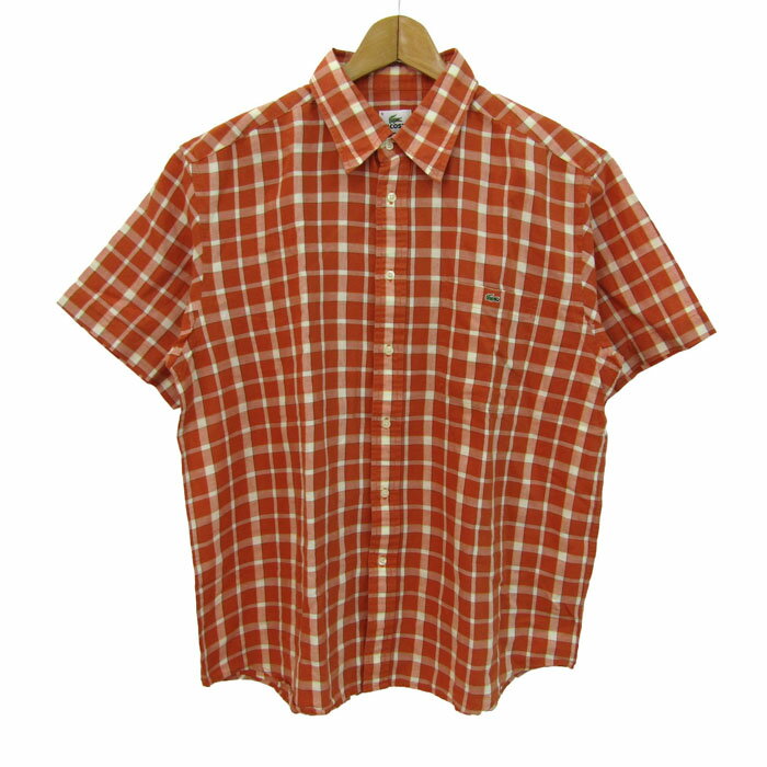 T-Shirts - LACOSTE ラコステ 半袖シャツ チェック柄 リネン混 トップス メンズ 5サイズ オレンジ 【中古】