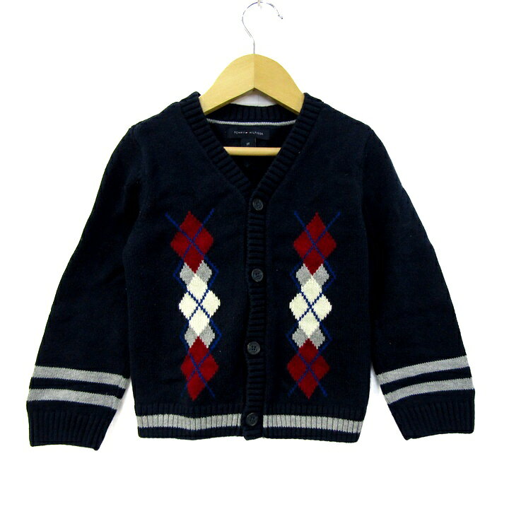 TOMMY HILFIGER トミーヒルフィガー カーディガン トップス 長袖 Vネック アーガイル キッズ 男の子用 3Tサイズ 紺×赤 【中古】